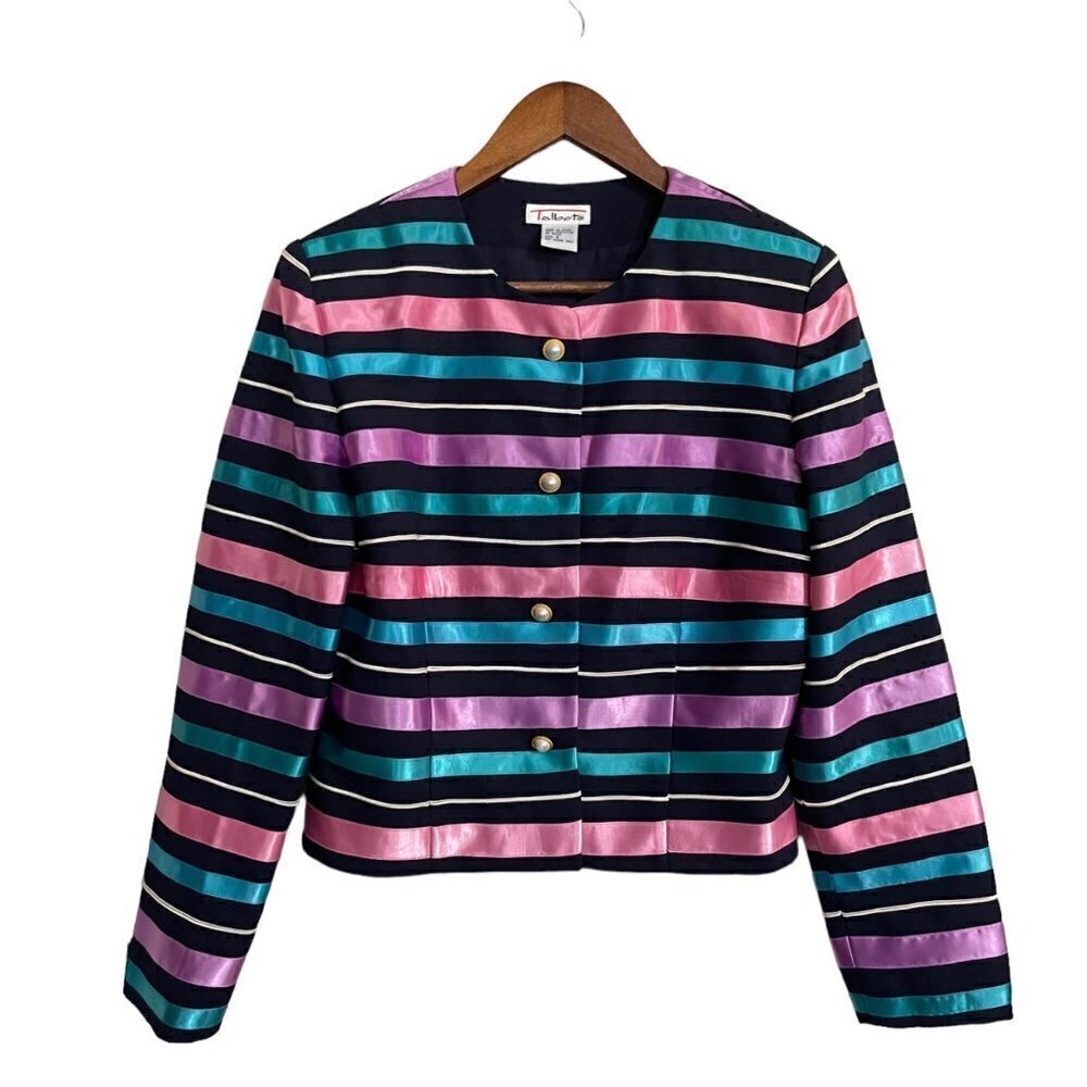 Talbots Womens Vintage Blue Green Pink Striped Pearl Butto 90s 80s Blazer Size 8